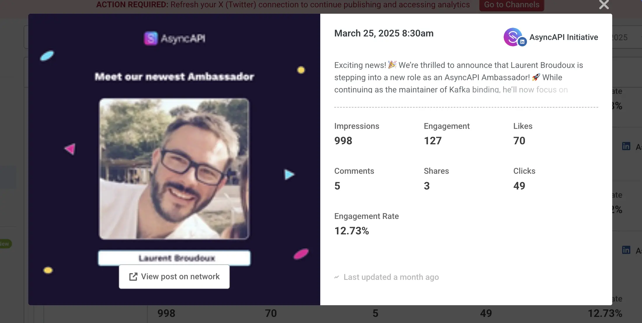 A LinkedIn announcement showing the performance details of Laurent Broudoux post